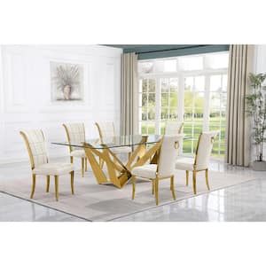 Meryl 7-Piece Rectangular Glass Top Gold Stainless Steel Base Dining Set With 6 Cream Velvet Gold Chrome Leg Chairs
