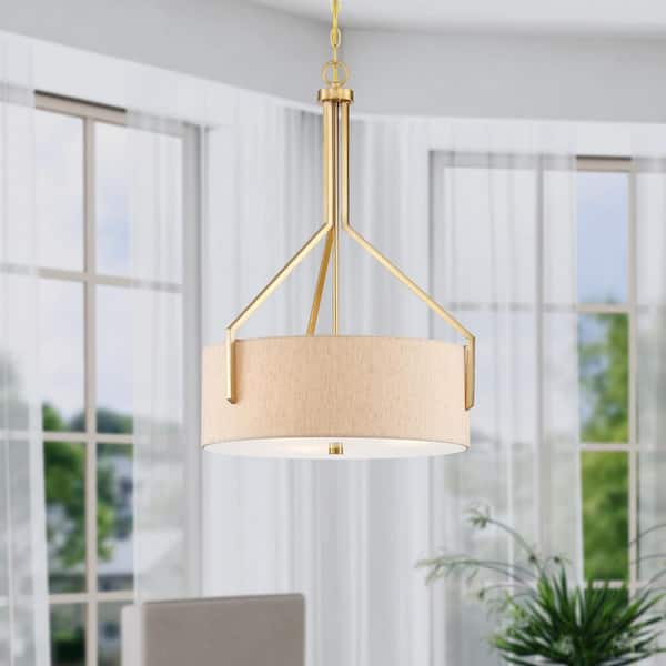 Elara 60-Watt 3-Light Brushed Gold Modern Pendant Light with Beige Linen Shade and No Bulbs Included