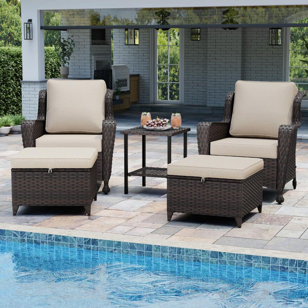 5-Piece Wicker Outdoor Chairs Patio Conversation Set with Beige Cushions 2-Chairs, 2-Ottomans and 1-Table price history on PriceWatchPro