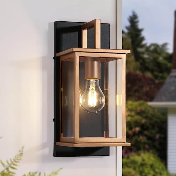Uolfin Black and Brass Rectangle Outdoor Hardwired Wall Lantern Sconce with Clear Glass Shade