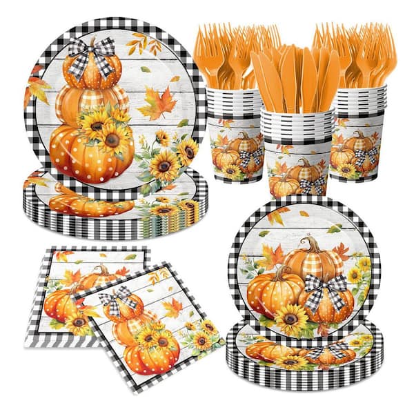 144-Piece Black and White Buffalo Plaid Pumpkin Theme Paper Tableware Set for Fall Thanksgiving Party Decorations