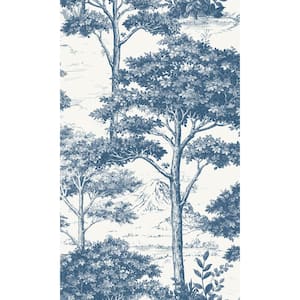 Blue Tropical Foliage Trees 57 sq. ft. Non-Woven Textured Non-pasted Double Roll Wallpaper