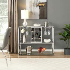 Chrome Bar Serving Cart for Home with Wine Rack and Glass Holder Kitchen Storage Rack with Tempered Glass Shelf Silver
