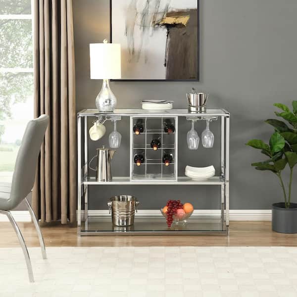 Tileon Chrome Bar Serving Cart for Home with Wine Rack and Glass Holder Kitchen Storage Rack with Tempered Glass Shelf Silver