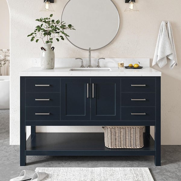ARIEL Magnolia 54 in. Single Sink Freestanding Bathroom Vanity in Midnight Blue with Carrara White Quartz Top