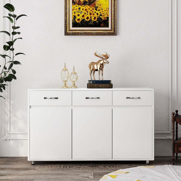 XUJMK 53 in. W x 16 in. D x 33 in. H White Linen Cabinet with Drawers, Farmhouse Buffet Cabinet Storage Sideboard for Dining