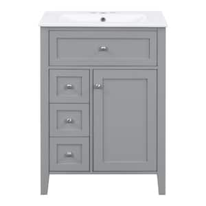 24 in. W Single Sink Freestanding Bath Vanity in Gray with White Ceramic Top Unassembled