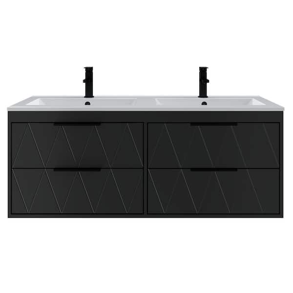 48 in. W x 18.1 in. D x 18.1 in. H 2-Sink Bath Vanity in Black with White Resin Top and Drain Faucet Set