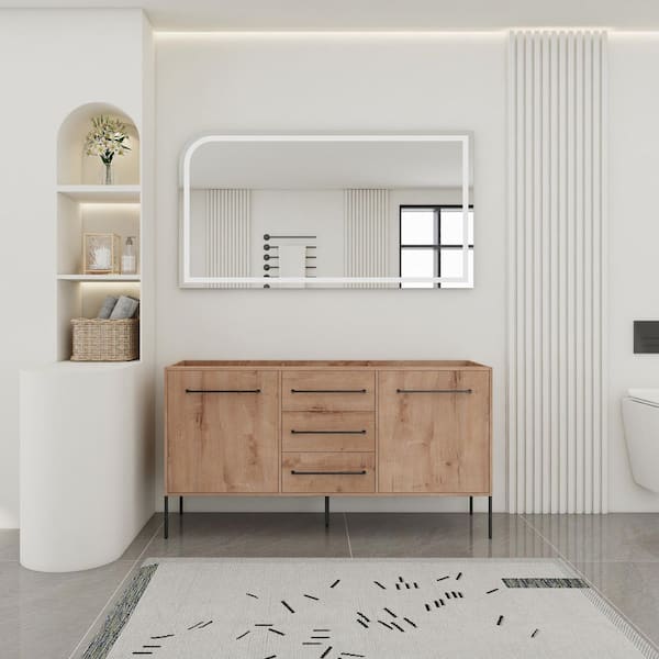Jonah 58.69 in. Bath Vanity Cabinet without Top in Imitative Oak with 2 Soft-Close Doors and 3 Drawers