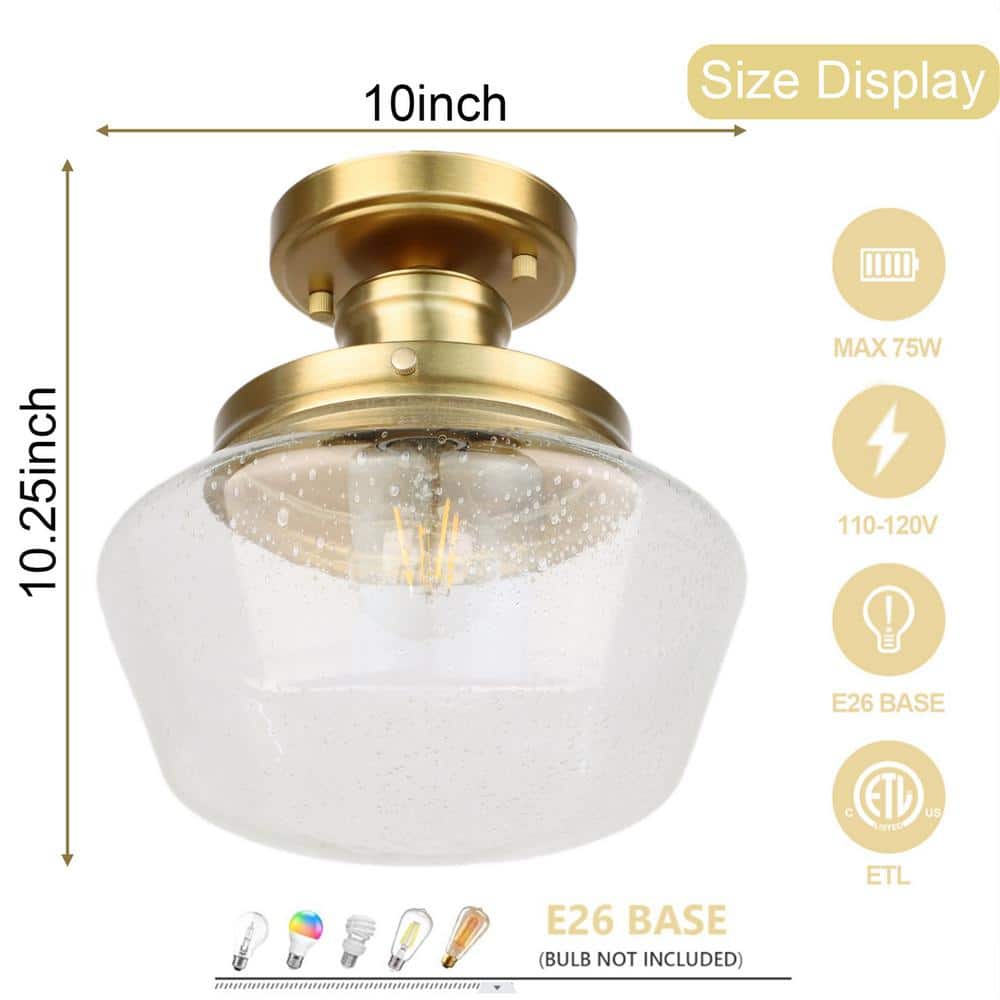10" Gold Semi-Flush Mount Ceiling Light with Seeded Glass Shade