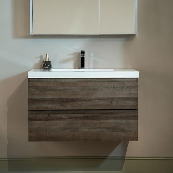 NJ 35.4 in. W x 19.63 in. D x 22.5 in. H Single Sink Floating Bath Vanity in Grey Oak with White Resin Top