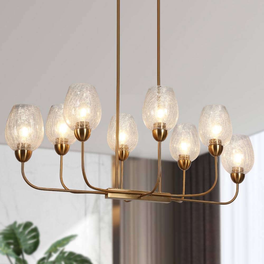 Gold Brass 8-Light Chandelier with Crackled Glass Shades