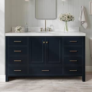 Cambridge 60 in. W x 22 in. D x 36.5 in. H Single Sink Freestanding Bath Vanity in Midnight Blue with Carrara Marble Top
