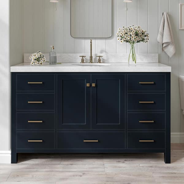 ARIEL Cambridge 60 in. W x 22 in. D x 36.5 in. H Single Sink Freestanding Bath Vanity in Midnight Blue with Carrara Marble Top