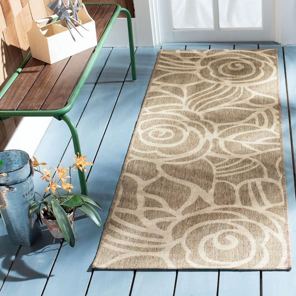 Courtyard Coffee/Sand 3 ft. x 8 ft. Floral Indoor/Outdoor Patio  Runner Rug