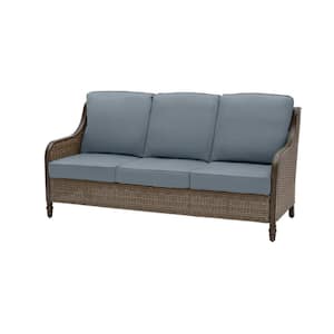 Windsor Brown Wicker Outdoor Patio Sofa with Sunbrella Denim Blue Cushions