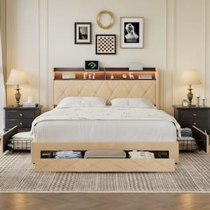 Storage Bed Beige Metal Frame Full Platform Bed with Power Station, USB Ports and Storage Shelf Headboard, Drawers