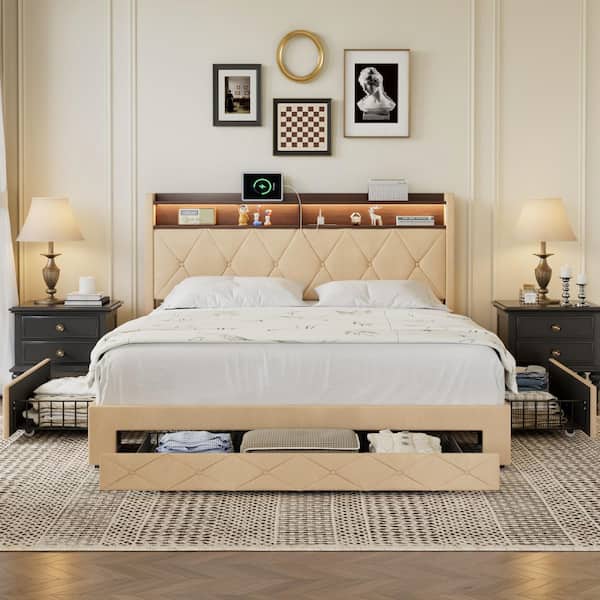 Storage Bed Beige Metal Frame Full Platform Bed with Power Station, USB Ports and Storage Shelf Headboard, Drawers