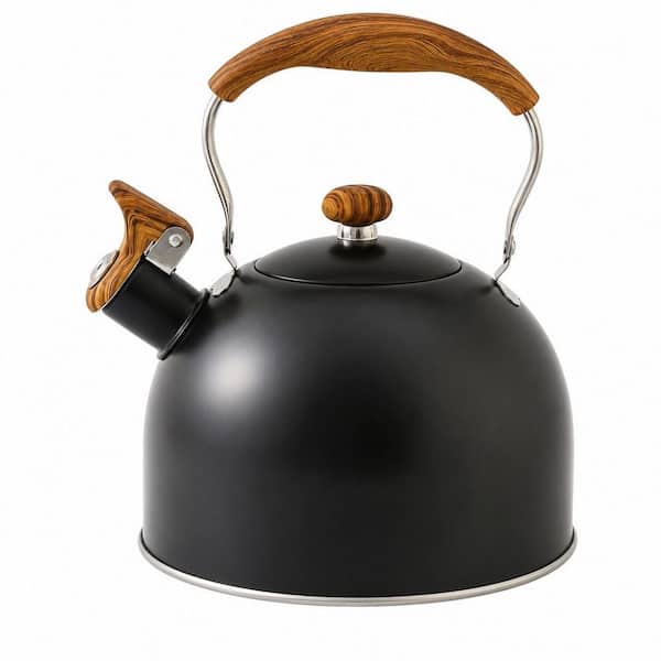 2.5 qt. 10-Cup Whistling Tea Kettle for Stove Top with Food Grade Stainless Steel and Wooden Folding Handle, Black