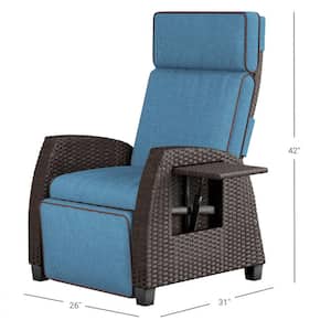 PE Wicker Outdoor Recliner with Blue Cushion, Patio Chaise Lounge with Removable Cushion, UV Protection