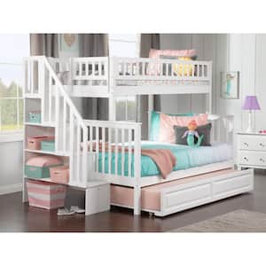 Woodland Staircase Bunk Bed Twin over Full with Twin Size Raised Panel Trundle Bed in White