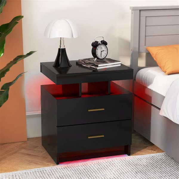 HONEY JOY Black 2-Drawer 19.5 in. W Nightstand Bedside Table with High Gloss Top Remote Control Modern LED lights for Bedroom