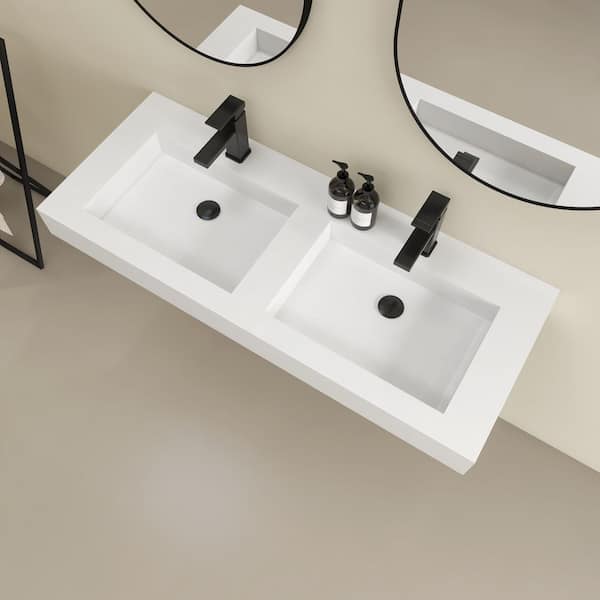 Vetra 47 x 19 in. Solid Surface Wall Mount or Countertop Bathroom Double Vessel Sink with Faucet Holes in Matte White