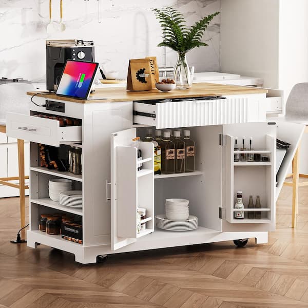 Unbranded White Wood 48.5 in. Rolling Kitchen Island with Power Outlet and Trash Cabinet