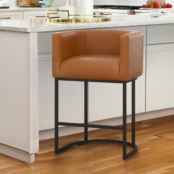 LUE BONA Jessica 26 in.Brown Modern Counter Bar Stool Faux Leather Upholstered Barrel Counter Stool with Metal Frame