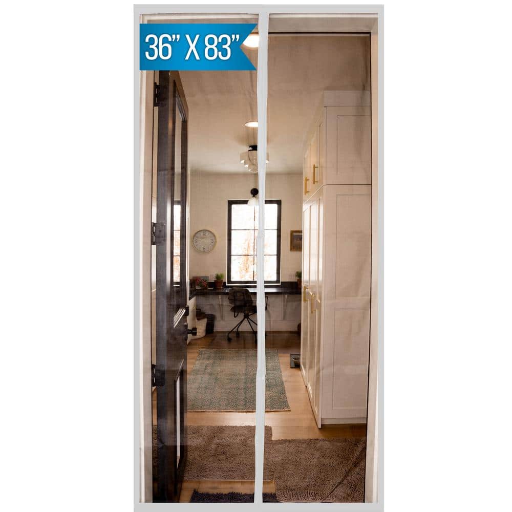 Fenestrelle - 36 in. x 83 in. White Trim Flame Resistant Fiberglass Mesh Magnetic Screen Door with Extra Wide Header and Storage bag