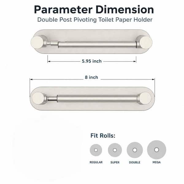 Double Post Wall Mounted Pivoting Toilet Tissue Holder, Stainless Steel and Zinc Alloy, No Drilling, Brushed Nickel