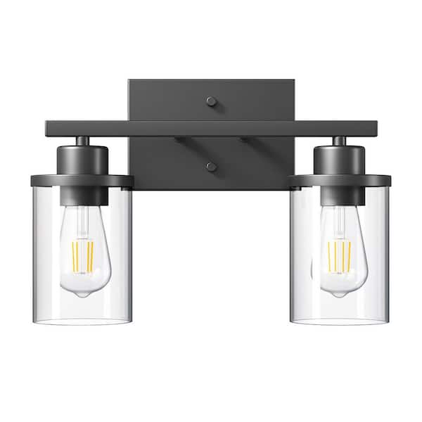13.19 in. 2-Light Matte Black Vanity Light with Clear Glass Shade