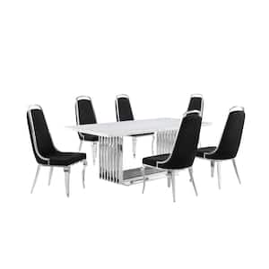Lisa 7-Piece Rectangle White Marble Top Stainless Steel Base Dining Set With 6 Black Velvet Chrome Iron Chairs