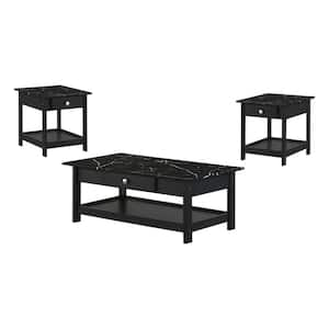 Dingo 3-Piece 41.75 in. Black Rectangle Faux Marble Coffee Table Set with Drawers and Shelves