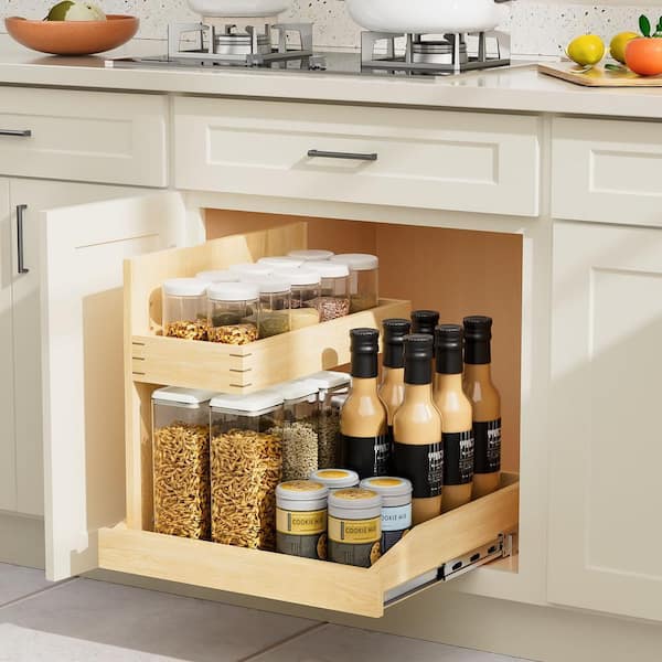 22.5" W Kitchen Under Sink Storage Drawer, Pull Out Drawer with Soft Close, Adjustable, U Bracket (Left)-Natural