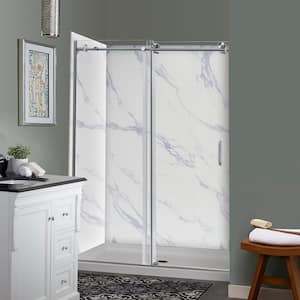 Marina Sliding 48 in. L x 34 in. W x 78 in. H Center Drain Alcove Shower Stall Kit in Carrara and Silver Hardware