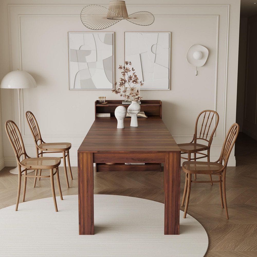 95.43 in. W Walnut Extendable MDF Wood Trestle Base Dining Table Seats 6