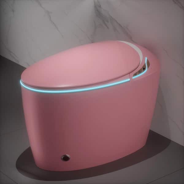 12 in. Elongated Oval LED Display 1-Piece Single Flush Toilet 1.28GPF in Pink with Auto Open/Close, Foot Sensor