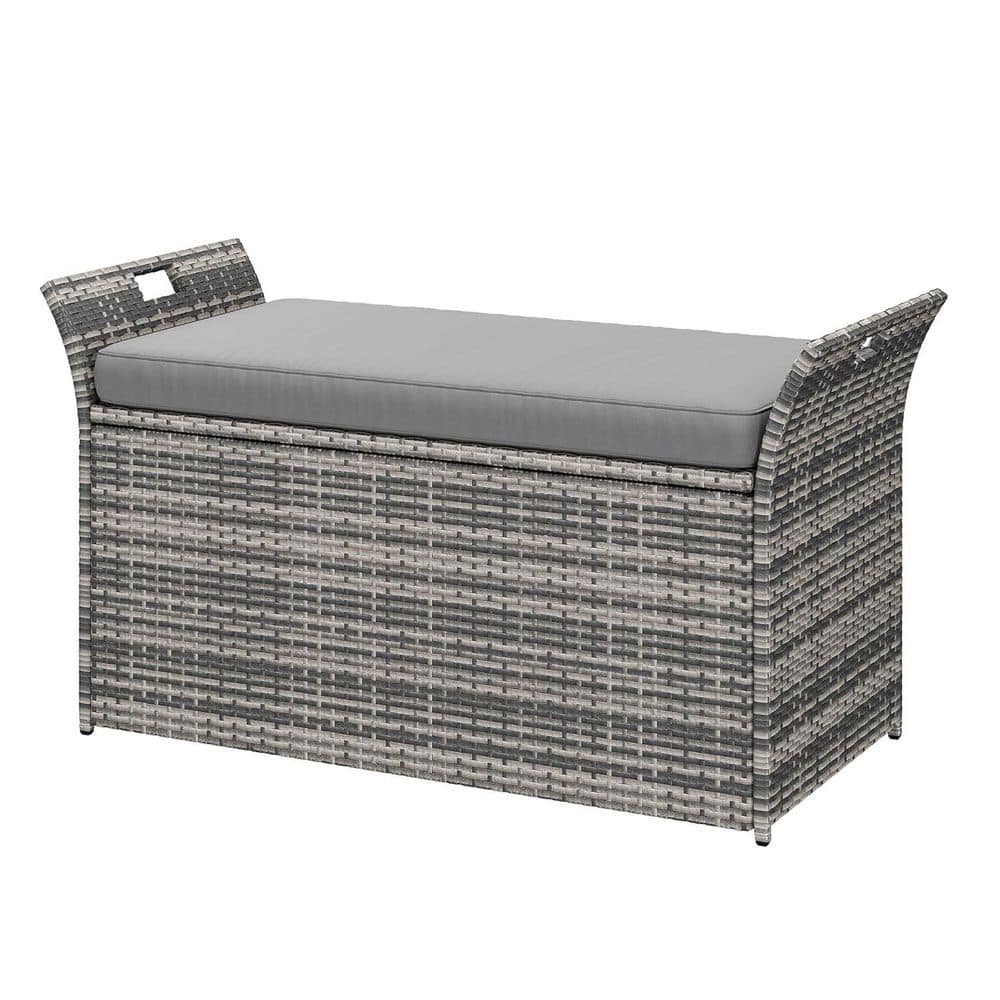 90 Gal. Grey Rattan Outdoor Storage Bench with Grey Cushion