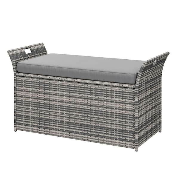 90 Gal. Grey Rattan Outdoor Storage Bench with Grey Cushion