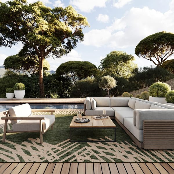 Anigail Bordered Green 7 ft. x 9 ft. Outdoor Area Rug
