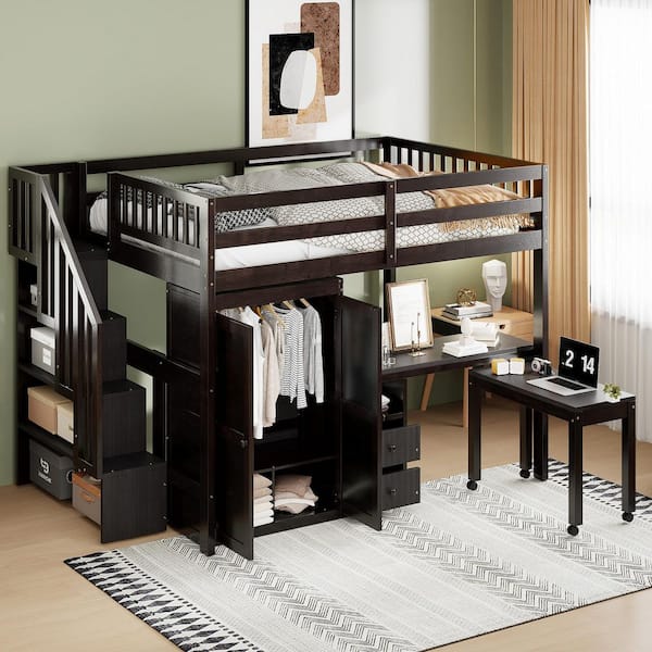 Harper & Bright Designs Multifunctional Espresso Full Size Wood Loft Bed with Stairs, Bookshelf, Drawers, Desk, Wardrobe