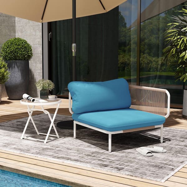 1-Piece Metal Outdoor Sectional Sofa Corner Chair with Blue Cushions and 2 Removable Armrests