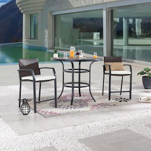 3-Piece Wicker Bar Height Outdoor Dining Set with Beige Cushions