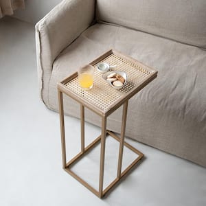 25.25 in. Tall Tray Top C Metal Rattan Top End Table, Natural/Gold