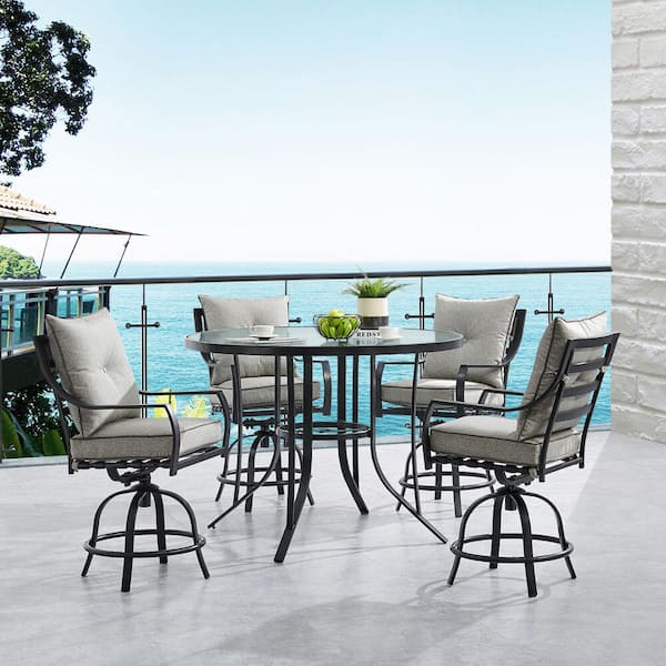 Hanover Lavallette 5-Piece Steel Round Outdoor Dining Set with Silver Linings Cushions, 4 Swivel Chairs and Glass-Top Table