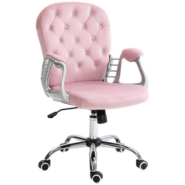 Vinsetto Polyester Home Office Chair, Button Tufted Desk Chair with Padded Armrests, Adjustable Height in Pink