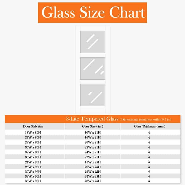 32 in. x 96 in. Hidden Track Style 3 Lite Tempered Frosted Glass White Primed MDF Sliding Barn Door with Hardware Kit