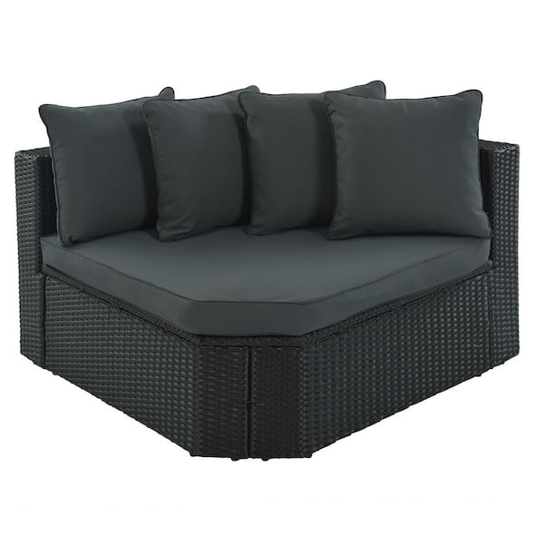 Oyezvary Black Wicker Outdoor Sectional Set with Gray Cushions and Striped Green Pillows
