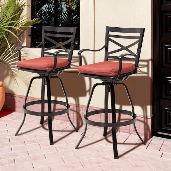 Patio Swivel Cast Aluminum Outdoor Bar Stool Chairs with Sunbrella Red Cushion (2-Pack)